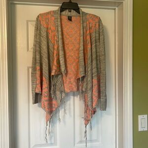 EMP PRE Gray and Coral Open Waterfall Fair Isle Cardigan  with Fringe Size S